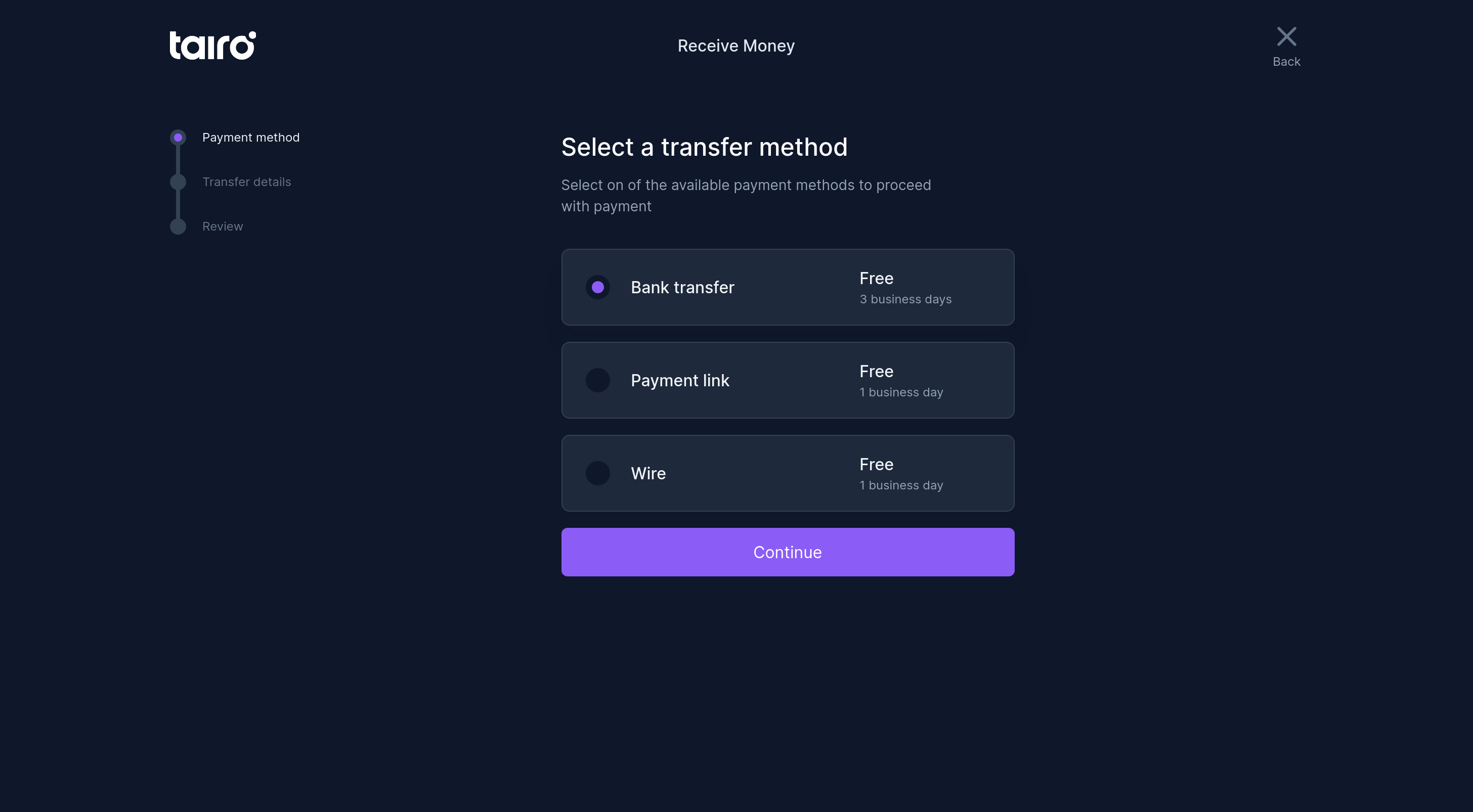 Tairo - Receive - Step 1